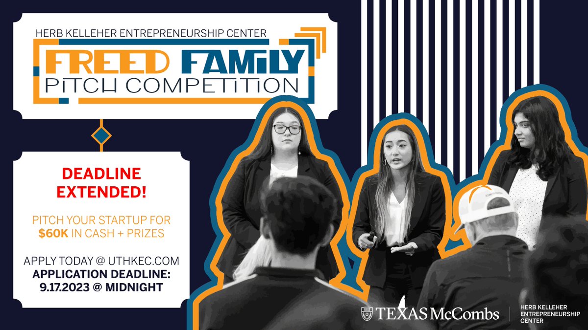 📢 ATTENTION: the Freed Family Pitch Competition application deadline has been EXTENDED to Sunday, 9.17.23 at 11:59pm!

Apply Now: bit.ly/45VgyyL
Learn More: bit.ly/3L1uGhx

#WhatStartsUpHere #TexasEntrepreneur #FreedFamilyPitchCompetition