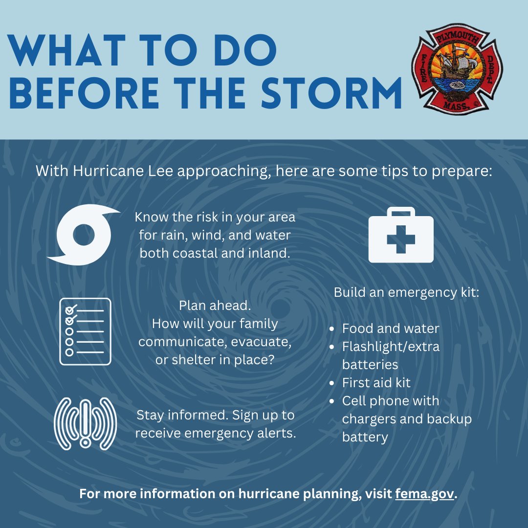 Chief Neil Foley and Emergency Management Director Christian Horvath are providing residents with the following updates regarding Hurricane Lee. View the updates in real-time via the Town's website: plymouth-ma.gov/hurricanelee