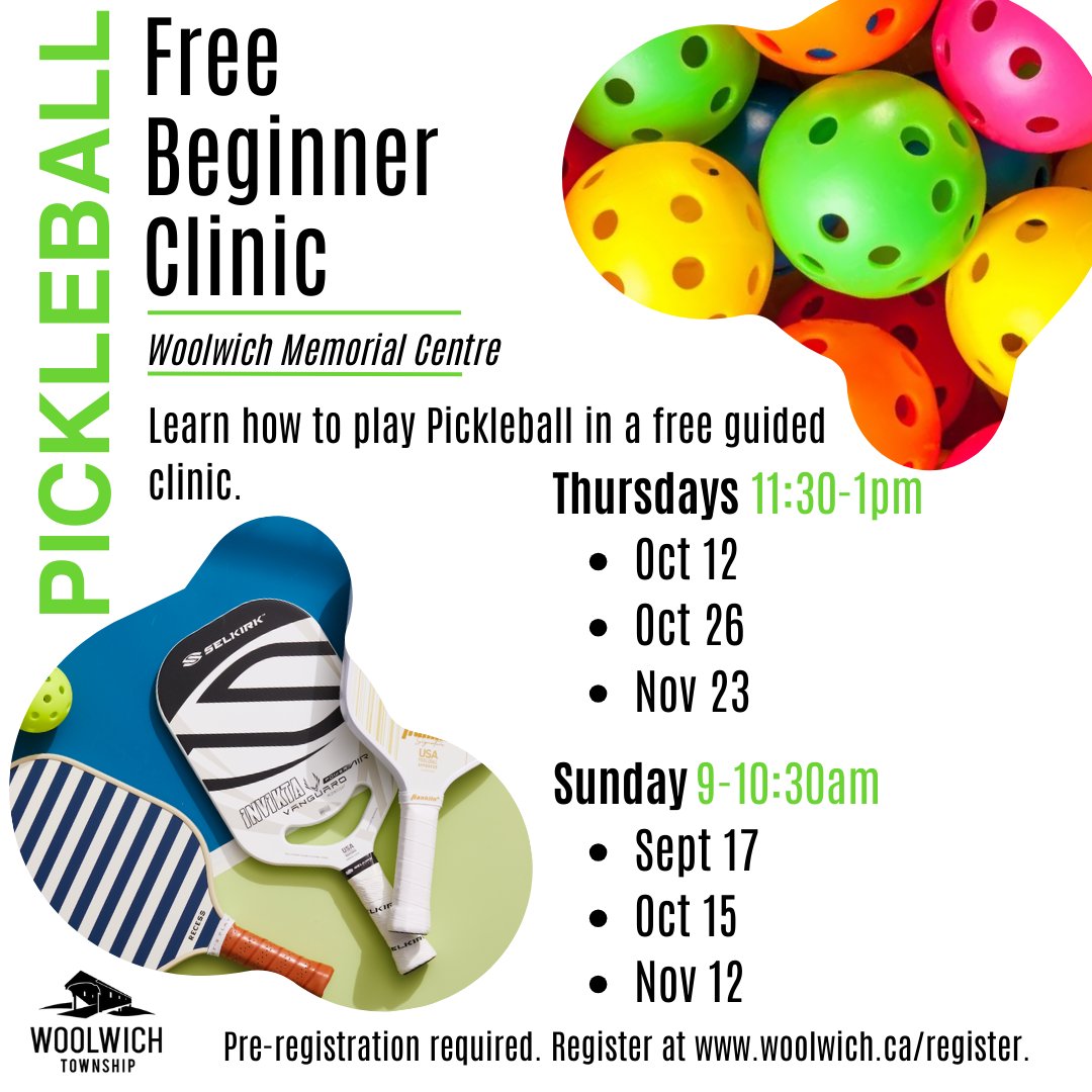 Woolwichupdates's tweet image. The Woolwich Memorial Centre will be offering some FREE Beginner Pickleball Clinics this Fall Session! Equipment is provided. Visit our website at woolwich.ca/register for more information and to register.