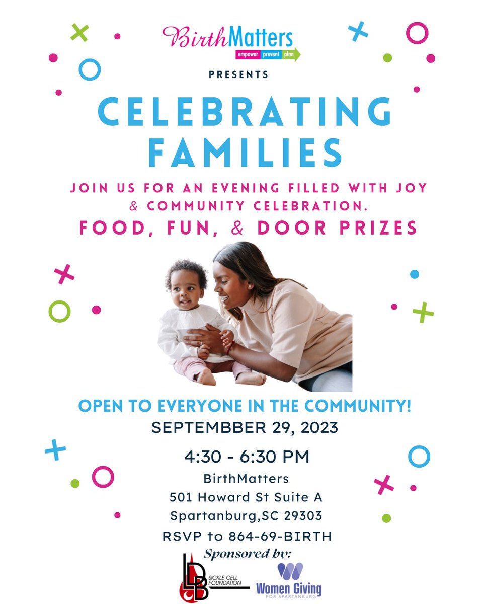 Join us for Celebrating Families on September 29th which is the last Friday of the month from 4:30-6:30 PM! Join us for food, prizes, and lots of fun for families in our Spartanburg community. 🎉

RSVP by clicking the link in the bio or call 864-69-BIRTH