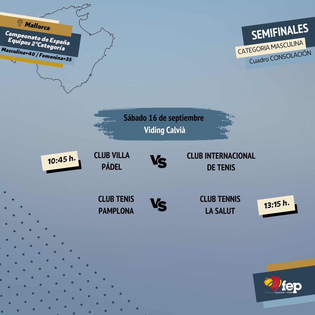 𝐗𝐗 𝐂𝐚𝐦𝐩𝐞𝐨𝐧𝐚𝐭𝐨 𝐝𝐞 𝐄𝐬𝐩𝐚ñ𝐚 𝐩𝐨𝐫 𝐄𝐪𝐮𝐢𝐩𝐨𝐬 𝟐ª𝐂𝐚𝐭𝐞𝐠𝐨𝐫í𝐚 𝐝𝐞 𝐕𝐞𝐭𝐞𝐫𝐚𝐧𝐨𝐬 +𝟒𝟎 𝐲 𝐕𝐞𝐭𝐞𝐫𝐚𝐧𝐚𝐬 +𝟑𝟓

🔛 Jornada sábado 

ℹ bit.ly/45ZptzC

📌 Viding Illes
🤝🏽 <a href="/FPadelIB/">Federació Pàdel IB</a>

#CEEV2Mallorca2023 #FEP #padelFEP
