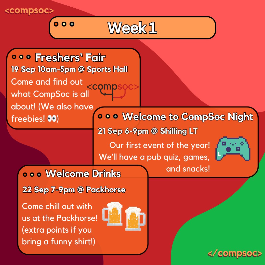 RHULCompSoc's tweet photo. Hello everybody! ✨Freshers' Week✨ is right around the corner, and we've got an array of events lined up. Take a peek at our timetable for the weeks head. Also check out our discord for any updates/announcements! https://t.co/ZyhK5XNzj4