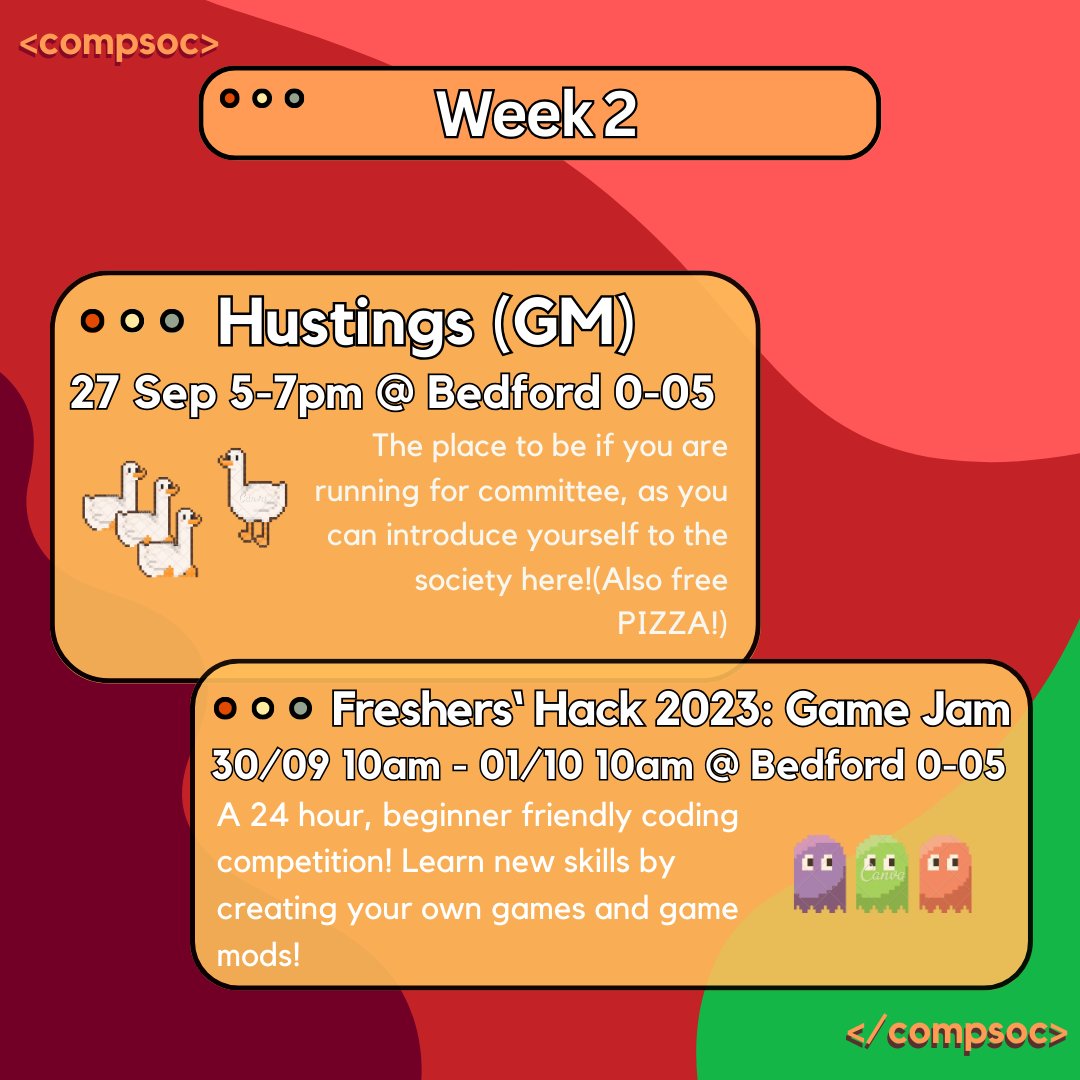 Hello everybody! ✨Freshers' Week✨ is right around the corner, and we've got an array of events lined up. Take a peek at our timetable for the weeks head. Also check out our discord for any updates/announcements!