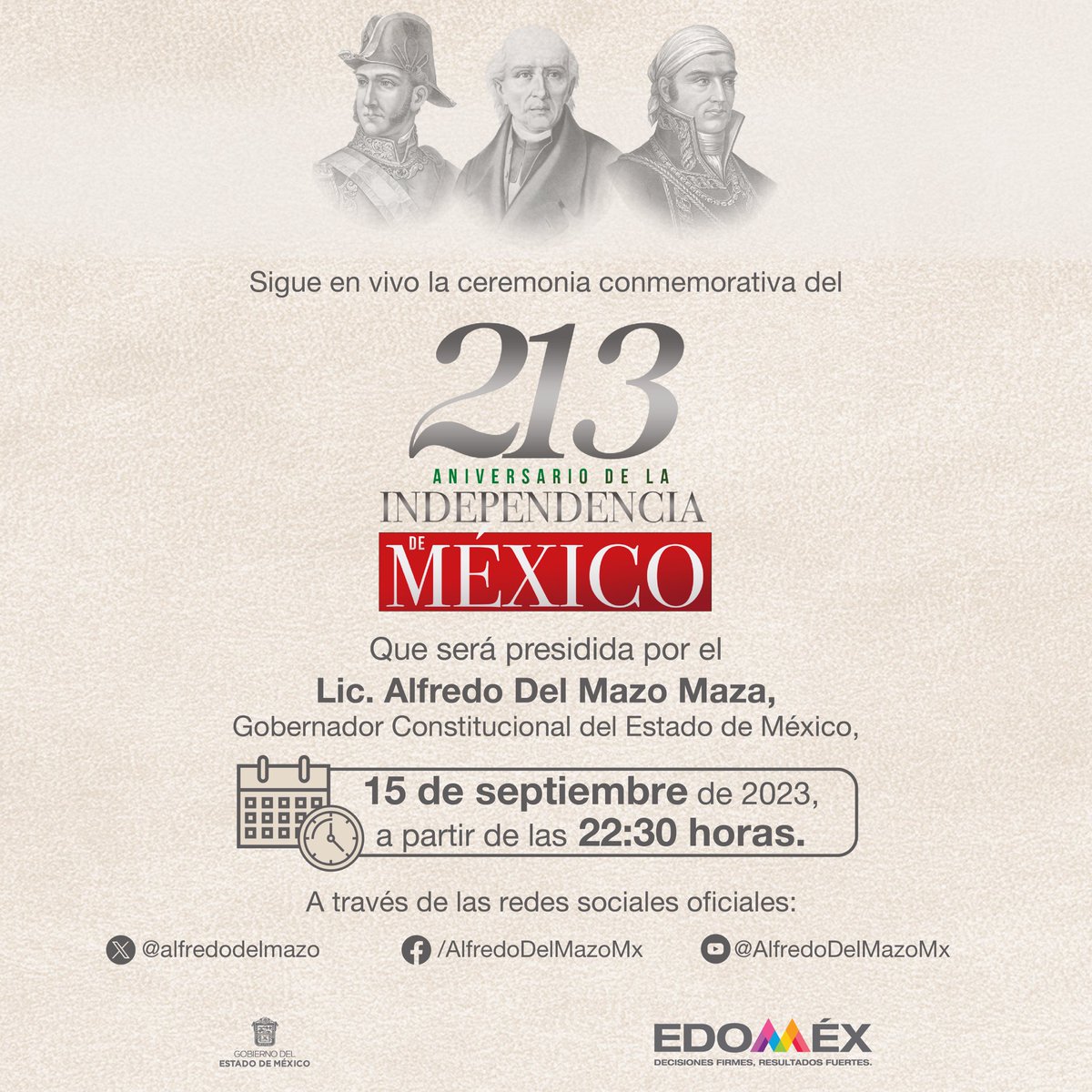 Los invitamos a seguir la transmisión en vivo del Grito de Independencia hoy a las 22:30 horas. 🇲🇽🔔