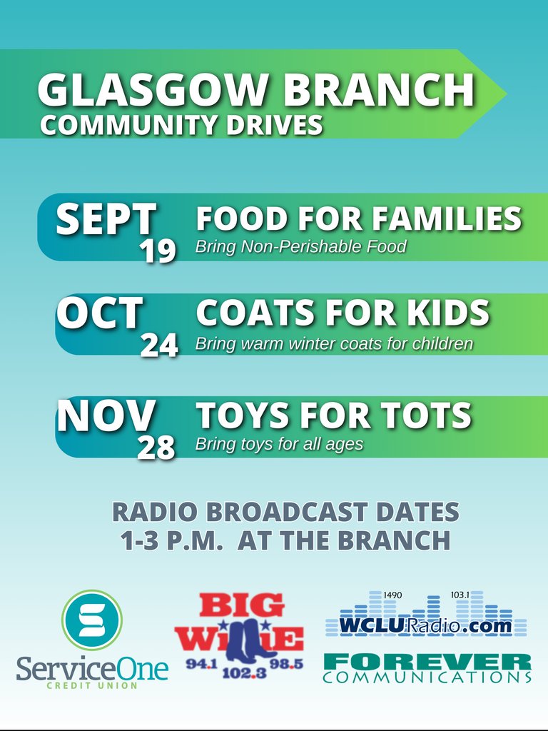 Service One CU (@serviceone_cu) on Twitter photo One of our top priorities is serving our community! Join us on the following dates at our Glasgow branch to help make a difference in the lives of our fellow community members!
Please drop any donations off at the Glasgow Branch.
<a href="/WCLURadio/">WCLU Radio</a> One of our top priorities is serving our community! Join us on the following dates at our Glasgow branch to help make a difference in the lives of our fellow community members!
Please drop any donations off at the Glasgow Branch.
<a href="/WCLURadio/">WCLU Radio</a>