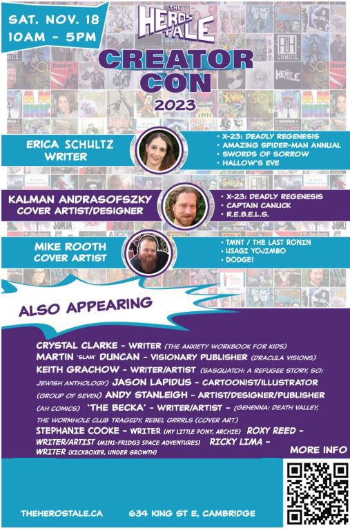 We fixed the graphics and added a few more awesome comic book creators to the event. 
If I could scream this from the tree tops, I would! <a href="/GailSimone/">Gail Simone 💙💛</a> and <a href="/EricaSchultz42/">Erica Schultz Is Writing Comics</a> are coming to The Hero’s Tale in Cambridge, Ontario! Plus <a href="/evilkalman/">Kalman Andrasofszky</a> @uncouthRooth and so many more.