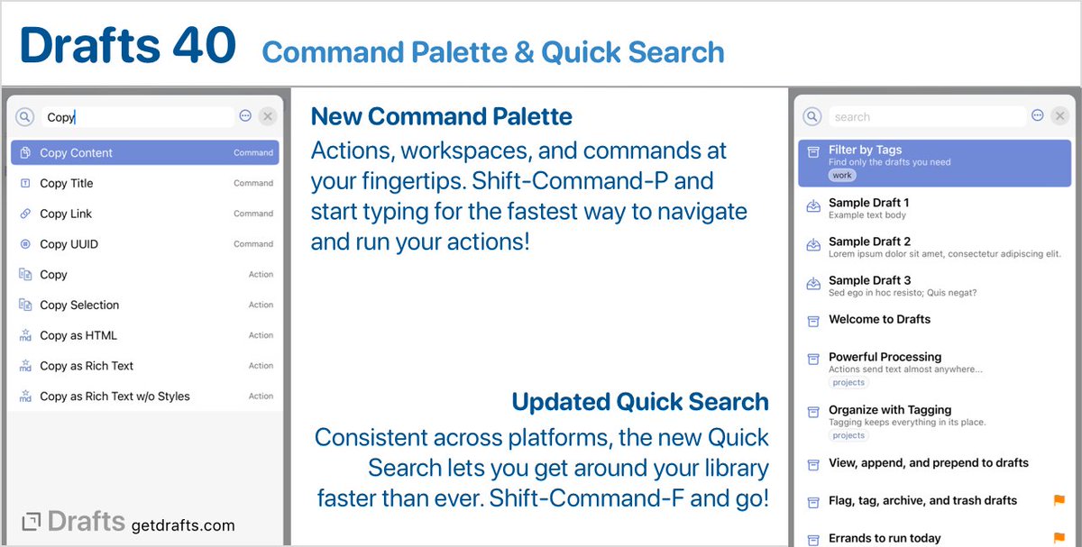 Drafts 40 is out! New Tag Filtering, Nested Tags, Command Palette and more. Details: forums.getdrafts.com/t/drafts-40-re…