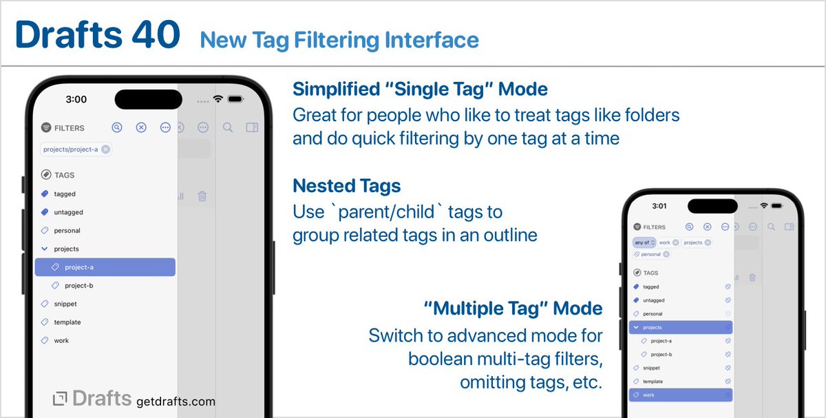 draftsapp's tweet image. Drafts 40 is out! New Tag Filtering, Nested Tags, Command Palette and more. Details: forums.getdrafts.com/t/drafts-40-re…