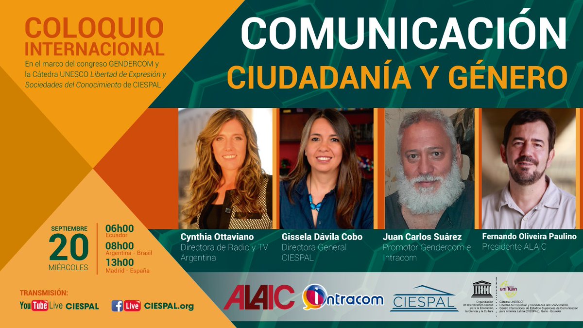 ciespal's tweet photo. 📣Coloquio Internacional | Comunicación, ciudadanía y género

🗓️20 septiembre
06h00 🇪🇨 / 08h00 🇦🇷🇧🇷 / 13h00 🇪🇦
🔸Cynthia Ottaviano
🔸 @GisselaDavilaC
🔸Juan Carlos Suárez
🔸Fernando Oliveira Paulino

Más información ➡️ https://t.co/rEa5lWSLb4 

#CátedraUnescoCiespal #Gendercom https://t.co/g5VDVMOmRq