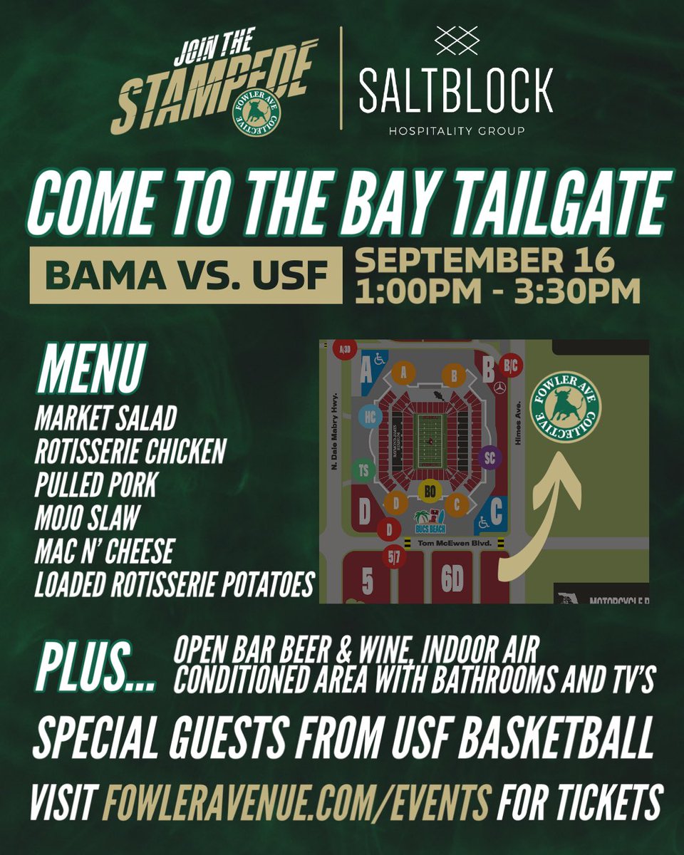 If you have not already picked up your tickets for the #COMETOTHEBAY Tailgate there is still time❗️ You won’t want to miss @USFMBB & @USFWBB 🏀⭐️’s @sammiepuisis @Kknox02 @1kasean @gvldshots K. Jennings @Youngbloo2Chris 🎟️🔗 fowleravenue.com/events