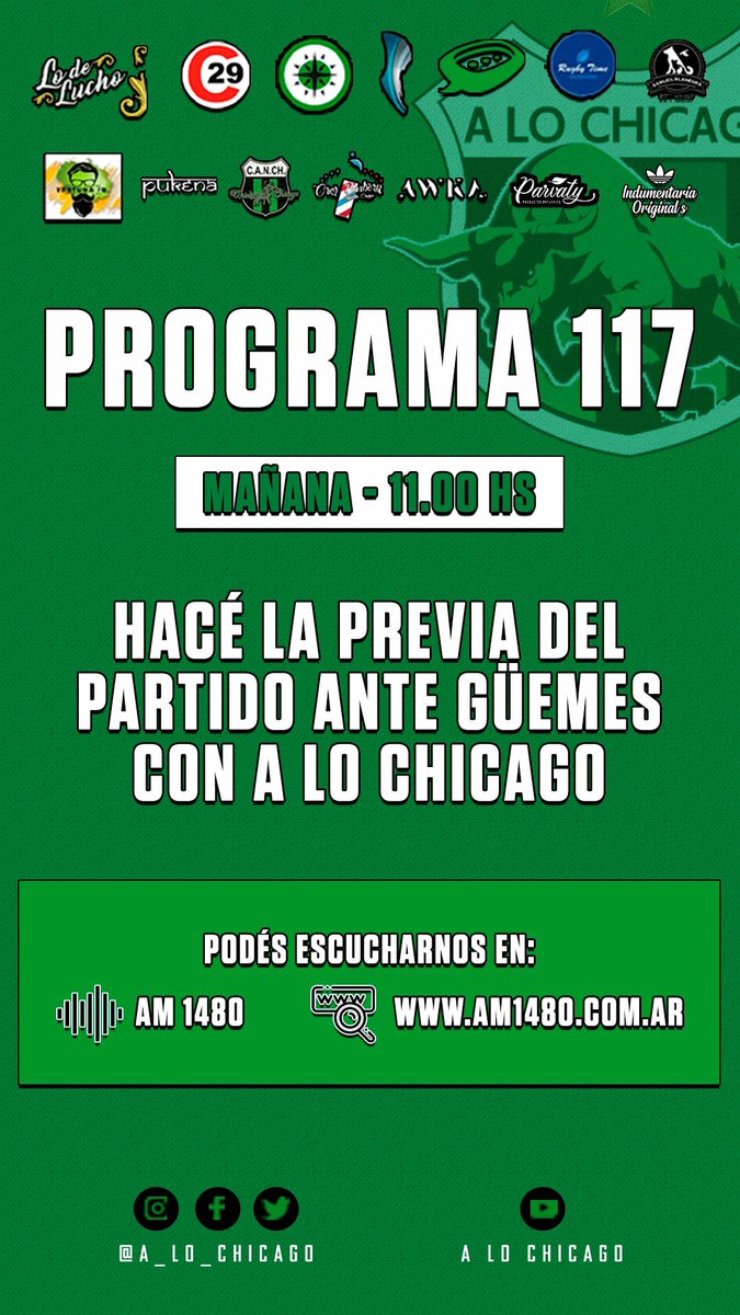 A_Lo_Chicago's tweet photo. #ALoChicago / #Programa117
¡La previa del partido en A Lo Chicago!💚🖤
Mañana a partir de las 11, por la AM 1480 y en vivo por nuestro Instagram, arrancamos con la previa del partido de #NuevaChicago ante #Guemes.
¡Te esperamos! https://t.co/oKdF3bXvr0