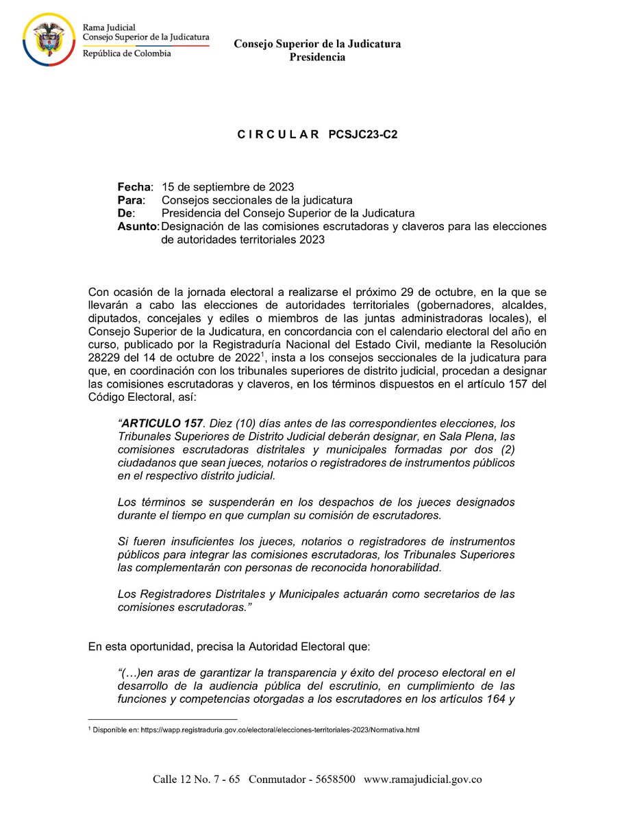 judicaturacsj's tweet photo. #CircularCSJ | El Consejo Superior de la Judicatura insta a los consejos seccionales de la judicatura para que, en coordinación con los tribunales superiores de distrito judicial, procedan a designar las comisiones escrutadoras y claveros.

Lea circular👇 https://t.co/vM2Y9nMbVP