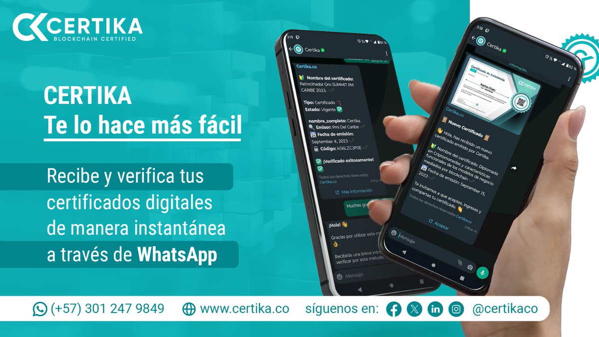 ¡Certika simplifica tu vida! Ahora puedes recibir y verificar tus certificados digitales de forma segura y eficiente a través de nuestro Bot de WhatsApp. ✅📲
 #Certika #CertificadosDigitales #WhatsApp