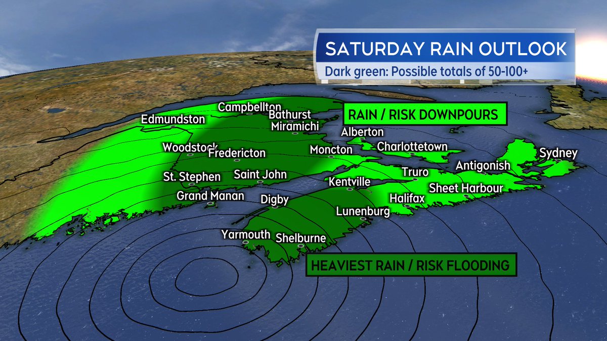 No major change in the 6 PM update to track of Lee.

Tropical Storm Watch/Warnings expanded into eastern NS, PEI, and central/northeast NB. Please check on the latest watch/warnings in effect for your area.

Risk of power outages. Risk of flooding in areas of heaviest rain.