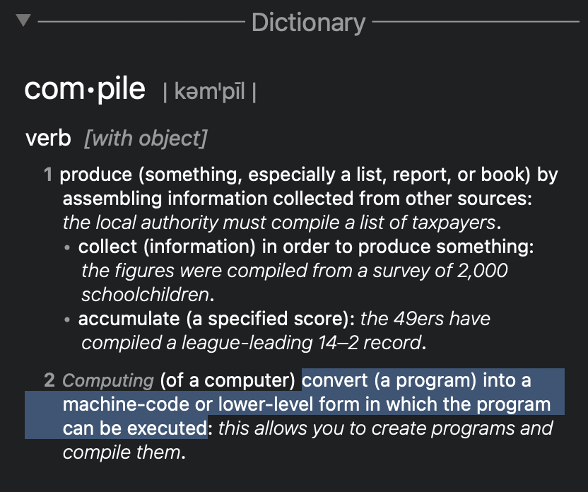 mjackson's tweet image. The word is &quot;compile&quot;, not &quot;transpile&quot;.

They mean the same thing. JS developers invented a new word because they weren&apos;t used to working with compilers before Babel came out. But &quot;Babel is a JavaScript compiler&quot;. So is tsc. That&apos;s what the &quot;c&quot; stands for; compiler.

Ofc, it…