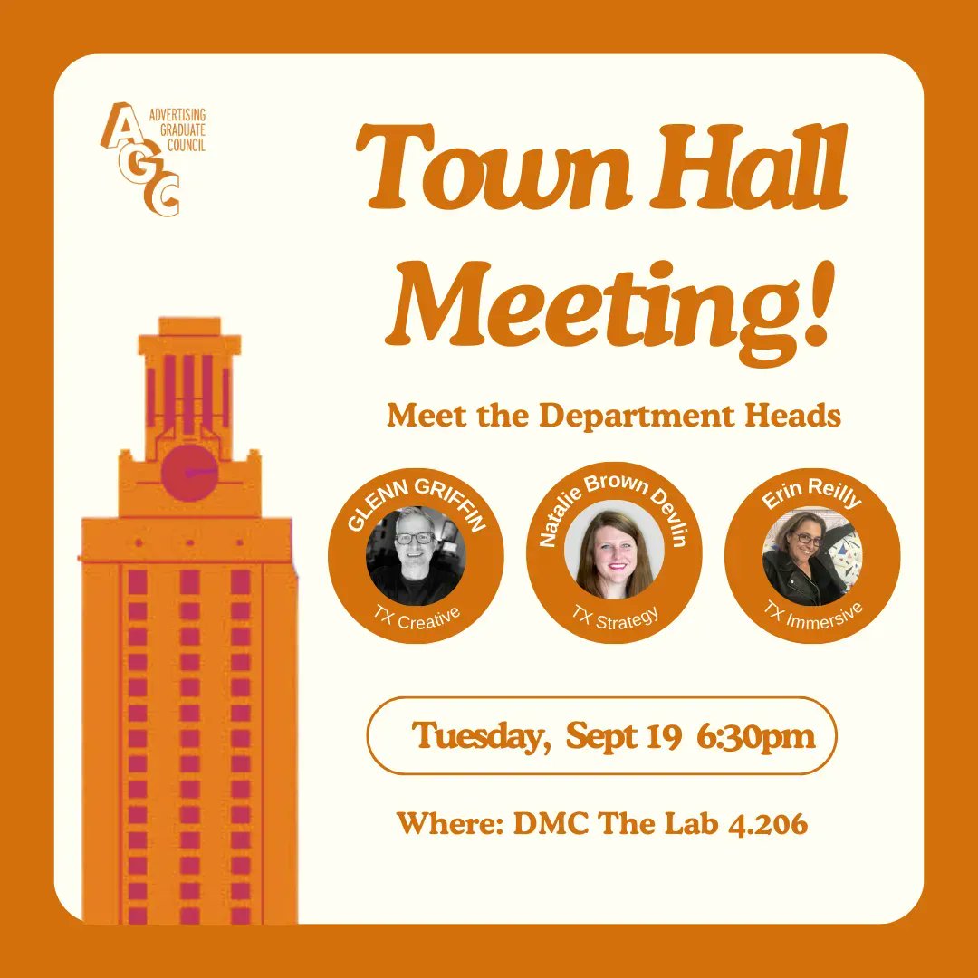 🚨Town Hall Meeting on Tuesday September 19th at 6:30pm🚨 Come join us and meet the Department Heads: Glenn Griffin, Natalie Brown Devlin, and Erin Reilly! See you there! @adgradcouncil