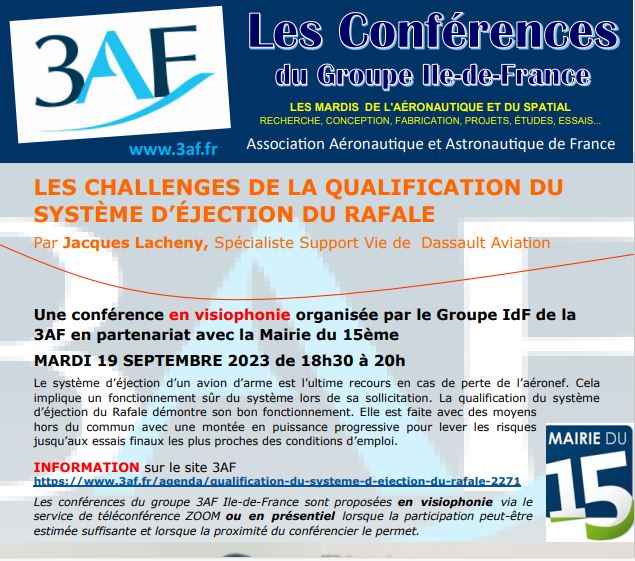 3af_Idf's tweet photo. « LES CHALLENGES DE LA QUALIFICATION DU SYSTÈME D'ÉJECTION DU #RAFALE »
MARDI 19 SEPTEMBRE DE 18h30 à 20h en visiophonie via l'application ZOOM.
Conférence est gratuite, accessible à tous, inscription OBLIGATOIRE 
https://t.co/ebSJLFWCC1 https://t.co/CIZIWlv7Dr