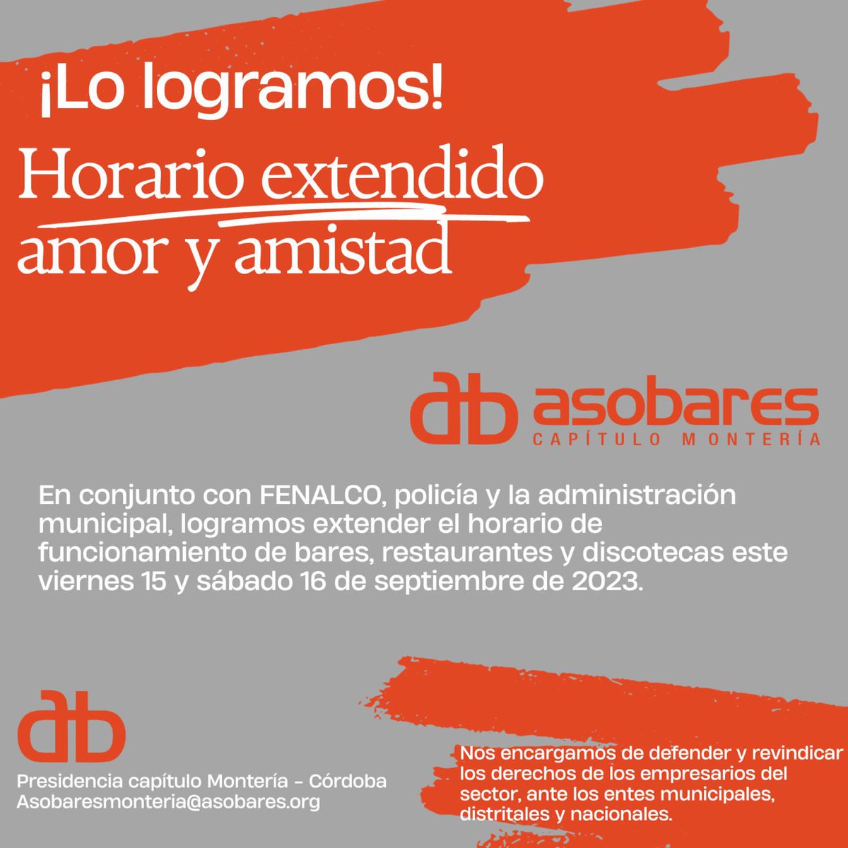 AsobaresMon's tweet photo. ¡LO LOGRAMOS!   Horario extendido este fin de semana de amor y amistad.   Nuestro objetivo es reactivar la economía de Córdoba.    Afiliarte hoy es hacernos crecer.    #monteria #monteriacordoba #cordoba #asobaresmonteria 
@monterialcaldia @Asobares @CHICANOTICIAS1 https://t.co/4OtsDzLkFd