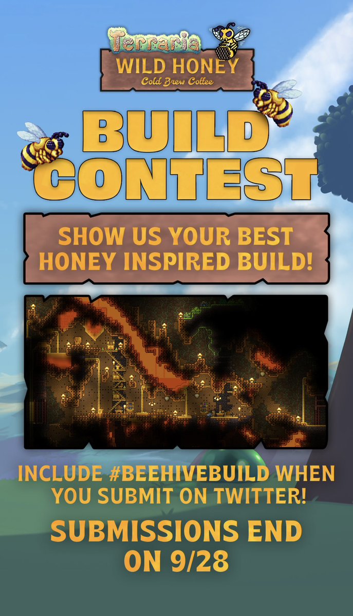 Terraria_Logic's tweet photo. Announcing our September Build Contest! Show us your best Honey inspired build for a chance to win a Madrinas x Terraria Limited Edition Collector's Box! To enter, post a photo of your own unique honey build to Twitter using hashtag #BeehiveBuild &amp; tag @madrinas. https://t.co/AJiuyrd8SY