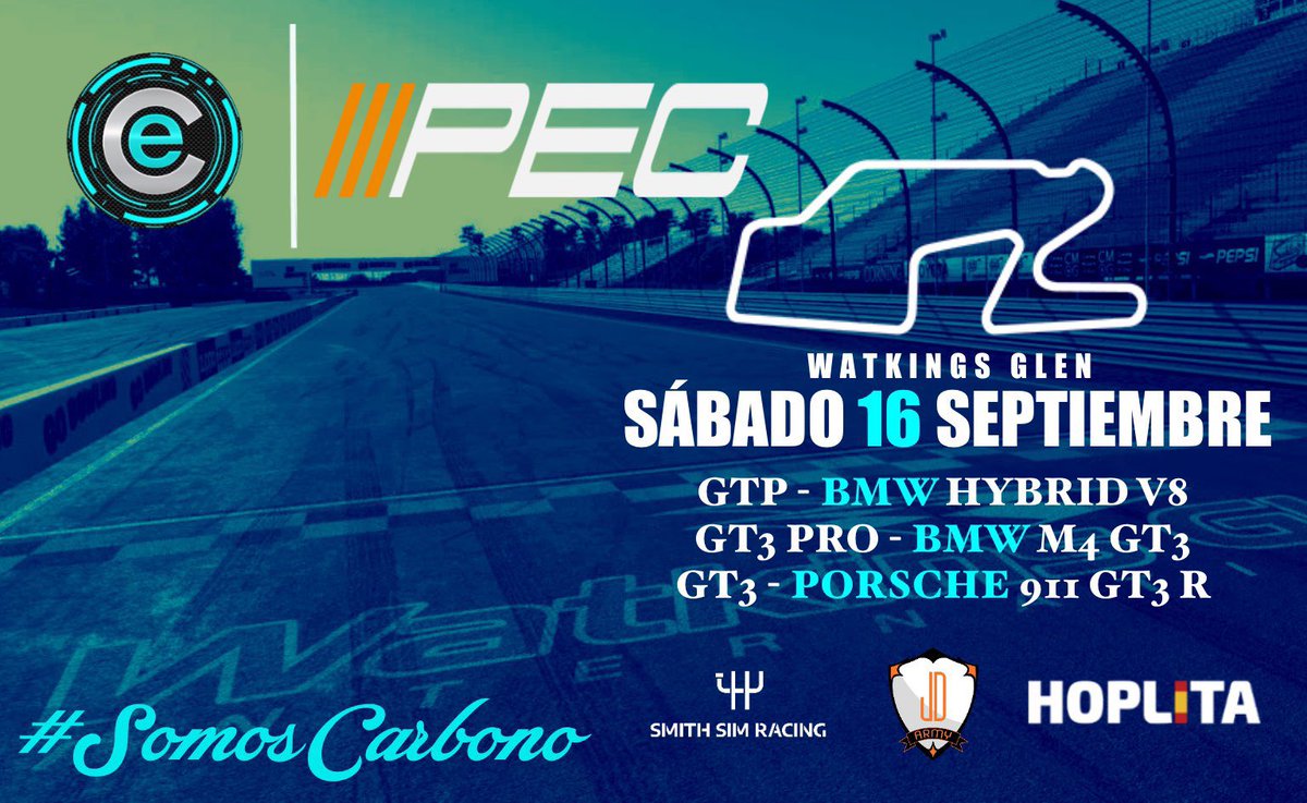 CarbonoEsports's tweet image. Empezamos la nueva temporada de la PEC 🏆🏁con 2 equipos en GT3 y uno GTP👏🏼👏🏼

Circuito: Watkins Glen 🇺🇸
Duración: 8H
Inicio: 14:00

🍀Mucha suerte chicos🍀 

#SomosCarbono