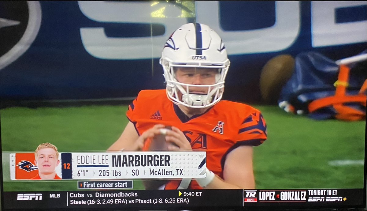 bybryanramos's tweet photo. Sharyland Pioneer alum and UTSA QB Eddie Lee Marburger @LeeMarburger is set to make his first collegiate start tonight as the Roadrunners (1-1) face Army (1-1) on ESPN. #RGVFootball https://t.co/Z1ByfLCrO5