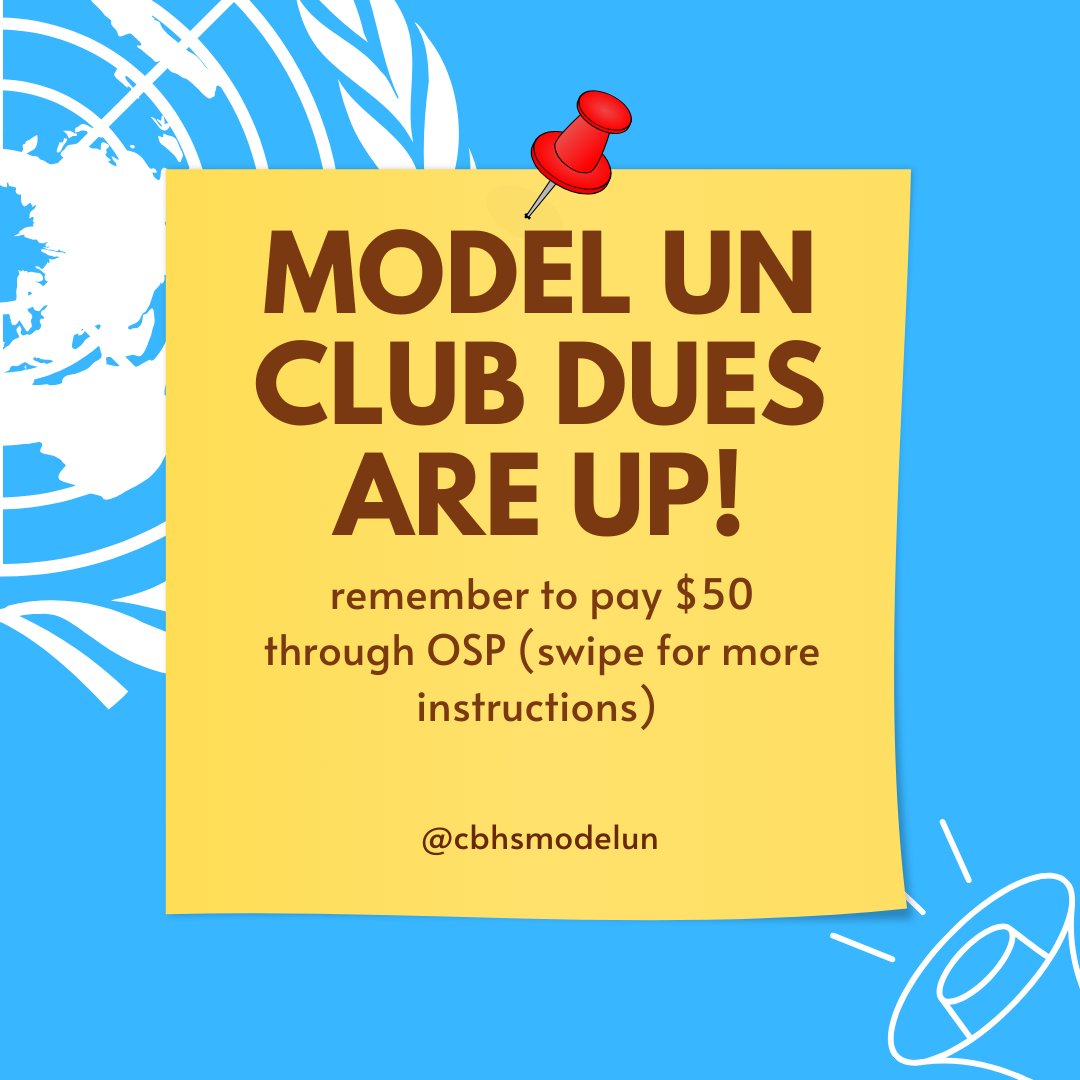 muncbhs's tweet photo. Hello 2023 Model UN team! In an effort to lower conference costs, it is imperative to pay club dues, so do so as soon as possible! Thank you so much, and we look forward to all the upcoming conferences and events this year! https://t.co/jHhXFQg4OX