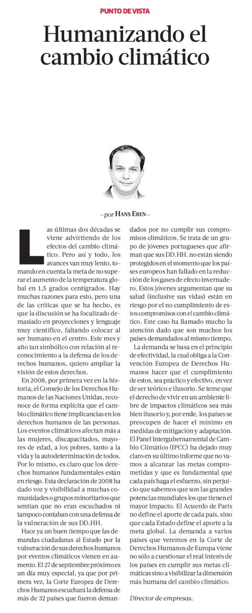 Acá la columna de <a href="/hans_ebeni/">Hans Eben</a> muestra cuán importante es la acción climática, la deuda que tenemos con los jóvenes y para qué pedimos reponer el #art206 sobre medio ambiente en la propuesta de #nuevaconstitución lo dijo el ex presidente <a href="/sebastianpinera/">Sebastian Piñera</a> y lo pide la ciudadanía.