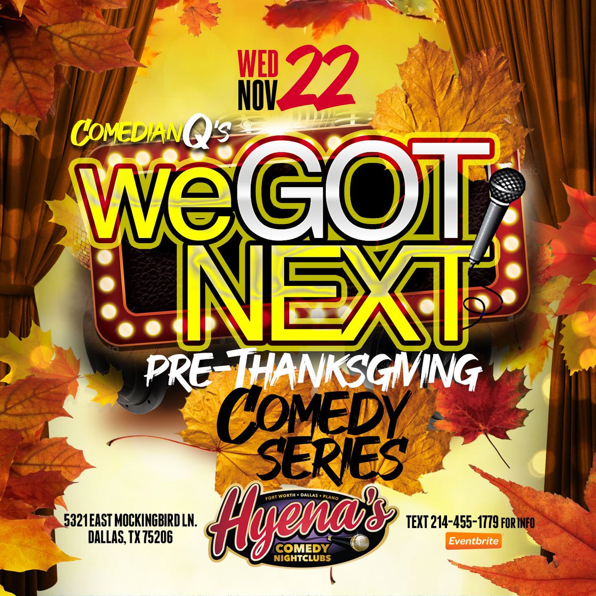 We got some more funny coming your way! Wednesday Nov 22nd @hyenascomedydallas 
TICKETS GO ON SALE THIS FRIDAY NOV 15th 
DISCOUNT IF YOU PURCHASE A TICKET BEFOR THE LINE UP IS REVEALED! 

Come meet your new favorite comic! WGN59.eventbrite.com