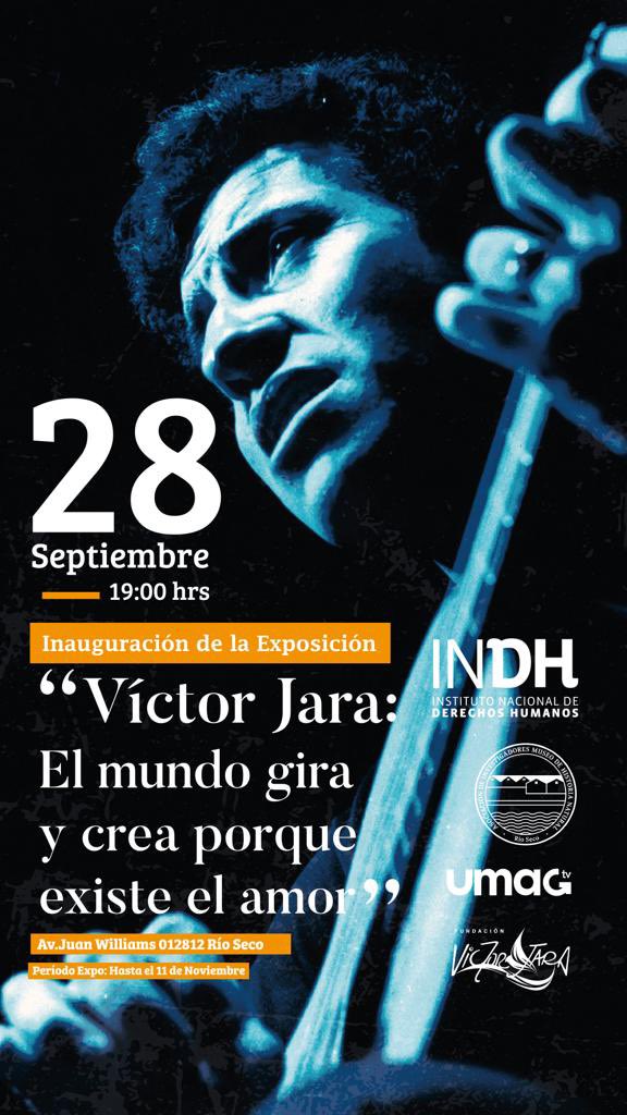 Atención #PuntaArenas el próximo 28 de septiembre a las 19:00 hrs se inaugurará la exposición Victor Jara: El mundo gira y crea porque existe el amor, en el Museo de Río Seco <a href="/FundVictorJara/">Fundación Víctor Jara</a> <a href="/inddhh/">INDH Chile</a> <a href="/umagtv/">UMAG TV</a>