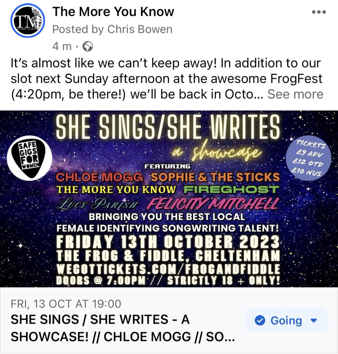 We’re at FrogFest next Sunday at 4:20pm BUT WAIT, THERE’S MORE!

Friday Oct 13th we’re joining this fantastic line up of female identifying talent. Come on down and start your weekend right! #livemusic #rockmusic #rockband #gloucestershire