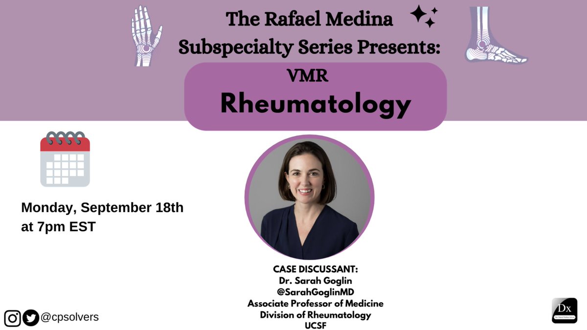 The Clinical Problem Solvers (@cpsolvers) on Twitter photo We have another SPECIAL(ty) treat for you #MedTwitter!
Please join us Sept. 18 at 7pm EST for a conversation with the brilliant <a href="/SarahGoglinMD/">Sarah Goglin</a> in this weekās rheumatology specific VMR.
We canāt wait to see you! bit.ly/31LWIKg We have another SPECIAL(ty) treat for you #MedTwitter!
Please join us Sept. 18 at 7pm EST for a conversation with the brilliant <a href="/SarahGoglinMD/">Sarah Goglin</a> in this weekās rheumatology specific VMR.
We canāt wait to see you! bit.ly/31LWIKg