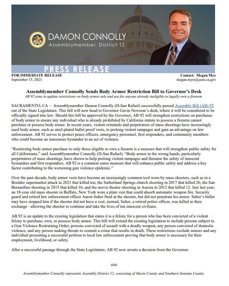 AsmConnolly's tweet photo. My Body Armor Restriction bill #AB92 is on its way to the governor for approval after passing successfully through the State Legislature! Read more here: https://t.co/23d71kcuWd https://t.co/HtF4yjTSLz