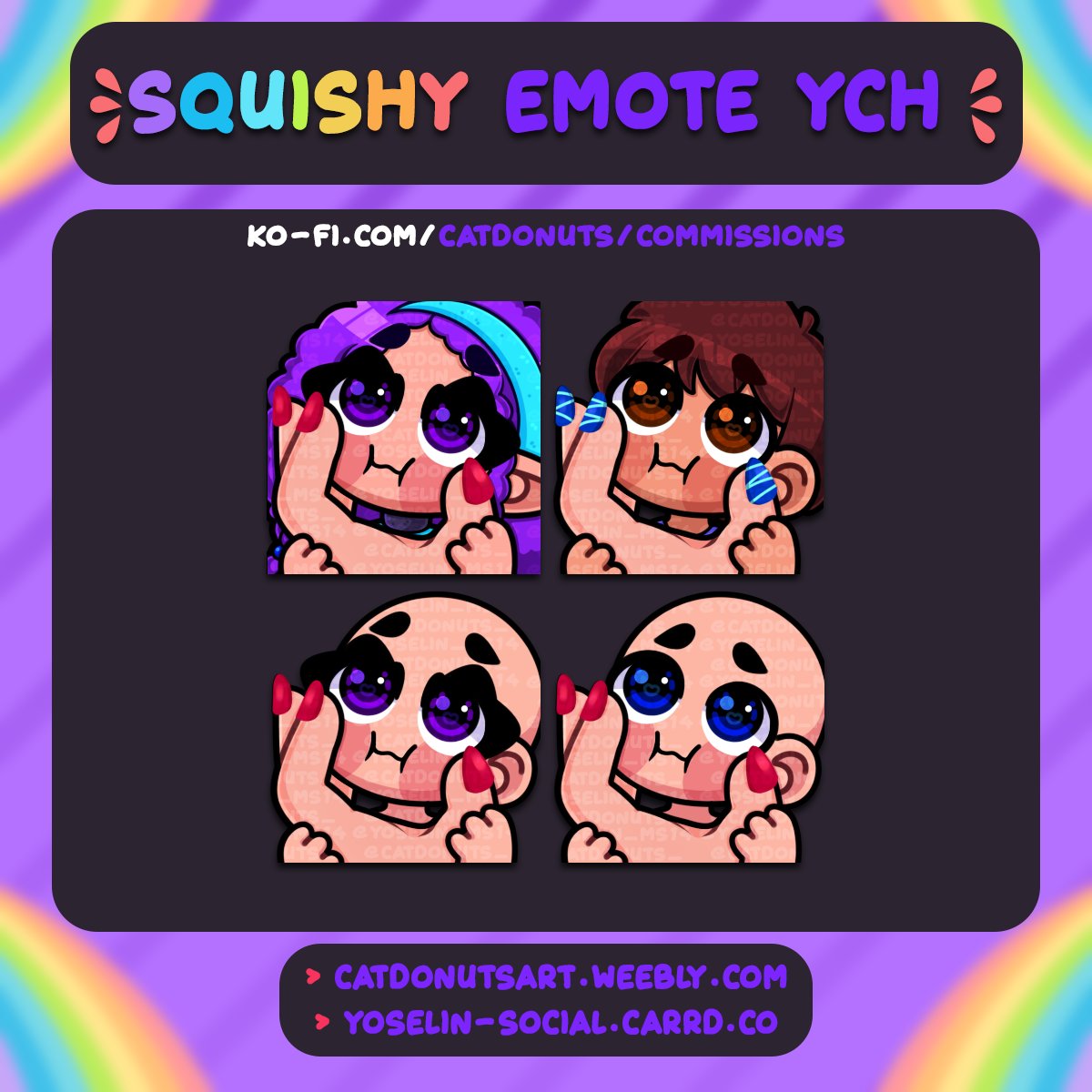 🌈I made a Squishy Emote YCH, leave your OC if you want one of your character, I will choose randomly.

☕If you want one, I leave you here my Ko-fi.
ko-fi.com/catdonuts/comm…
⁘⁛⁘⁛⁘⁛⁘⁛⁘⁛⁘⁛⁘⁛⁘⁛⁘⁛⁘⁛⁘⁛⁘⁛⁘⁛⁘⁛⁘
#YCH #vtuber #twitch #SquishyEmoteych