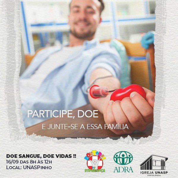 IgrejaUnaspHT's tweet photo. *DOAÇÃO DE SANGUE* ❤️ 🩸 🩸 🚑.

Chegou o grande dia, de *salvarmos vidas*

*Participação especial dos Doutores de Esperança* para alegrar este dia, estão especial. 

📝 *AMANHÃ - sábado* 
as 8h às 12h
No UNASP https://t.co/9dxaflbVX1