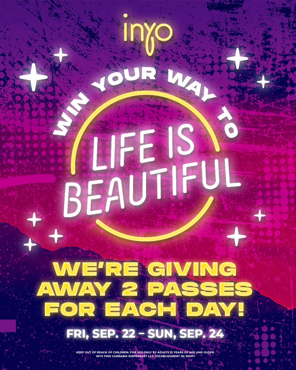 inyodispensary's tweet photo. 🎉 Last call for our 𝙂𝙄𝙑𝙀𝘼𝙒𝘼𝙔 🎉⁠
⁠
The clock is ticking! It's your final opportunity to enter and score two single-day passes to Life Is Beautiful. Visit the link in our bio and get in on the excitement! 🌟🎪 ⁠
⁠
#GiveawayTime #LifeIsBeautiful
⁠ https://t.co/2Ca0APy5DK