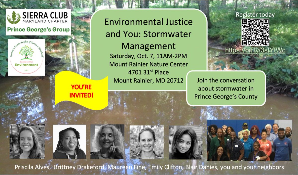 Join the conversation! Prince George's Sierra Club and Alpha Kappa Alpha invite you to a forum “EJ and You: Stormwater Management” on 10/7, 11AM-2PM, at the Mt Rainier Nature Center, 4701 31st Place, Mount Rainier, MD 20712. Lunch is on us! 

Register at: bit.ly/3sIYtWc