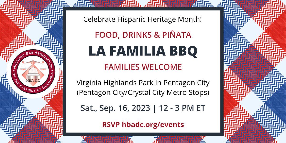 We're celebrating the beginning of National Hispanic Heritage Month at our Annual La Familia BBQ - Saturday, September 16, 2023 at Noon. See you at Virginia Highlands Park in Pentagon City. Enjoy food, drinks, and even a piñata! Learn more: hbadc.org/events/EventDe…