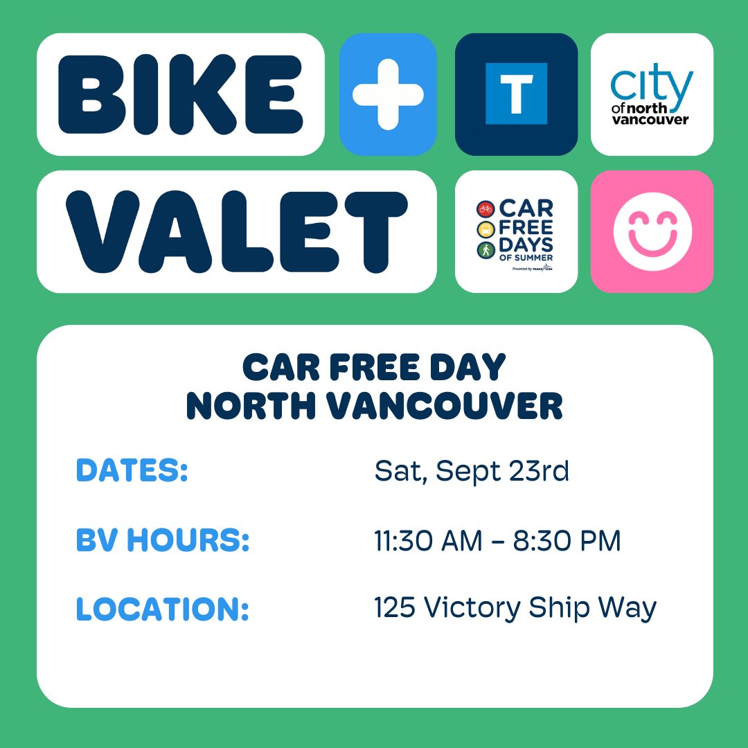 Come join us for Car Free Day <a href="/CityOfNorthVan/">City of North Vancouver</a> this weekend! Taking place as part of the Shipyards Festival, you can expect food trucks, live performances and more 😋🎶🍻

Explore active transportation &amp; visit our Bike Valet for free parking 🚲
 <a href="/TransLink/">TransLink BC</a>