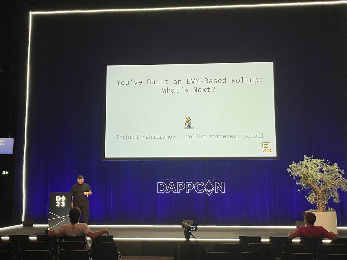 Scroll_ZKP's tweet photo. This week at @dappcon_berlin, @toghrulmaharram gave a talk about what’s next for EVM-based rollups.

Many assume that creating a Rollup automatically translates to massive scalability improvements, but the path towards scalability is much more intricate than it appears. 🧵 https://t.co/q9oOURFPwA