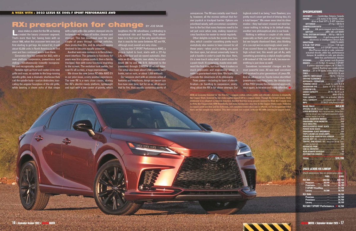 ArizonaDriver's tweet image. Hot 'alternative' powertrains in our Sept-Oct issue incl 2023 #Lexus RX 500h F SPORT Performance AWD - hybrid efficiency + top power &amp;amp; handling. Had a great week &amp;amp; it looks sharp in Copper Crest, a perfect Arizona hue. #LexusUSA #LexusRX - Full issue: arizonadrivermagazine.com