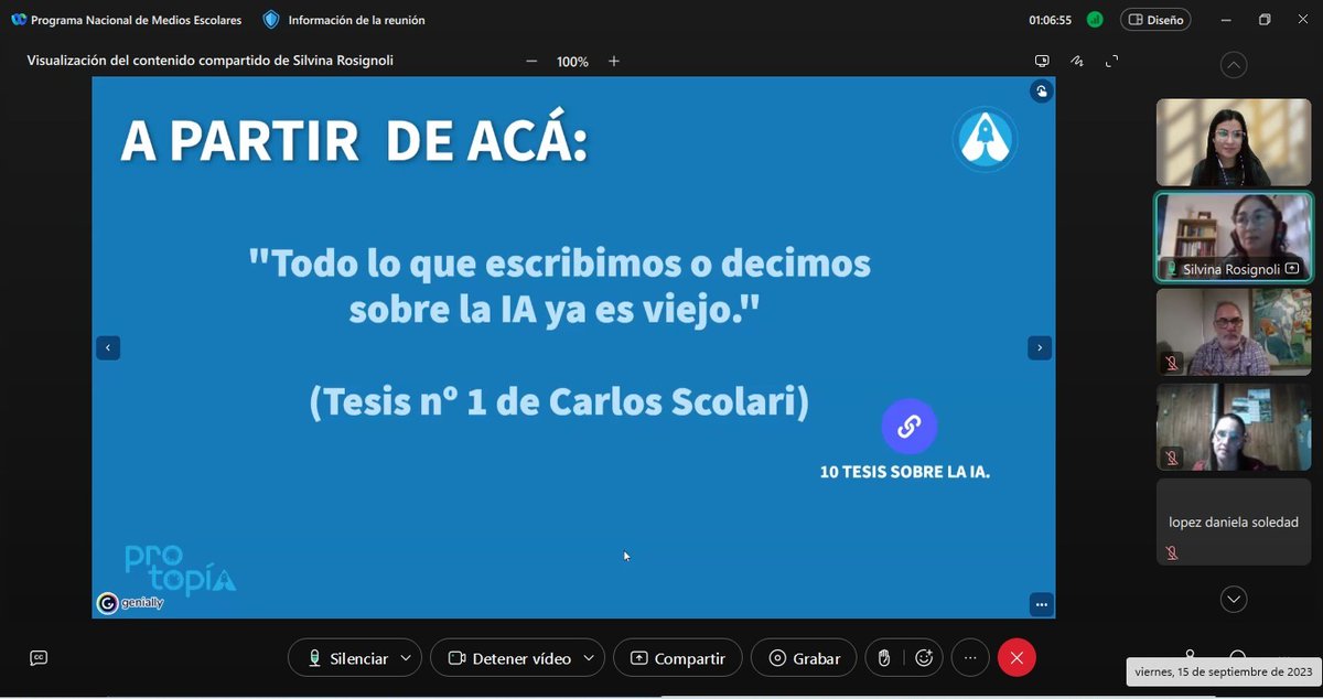 silrosignoli's tweet photo. Recién terminamos el encuentro de formación sobre #IAGenerativa dl Programa Nacional de Medios Escolares. 103 talleristas y referentes jurisdiccionales de todo el país. #PNME @LuzCoronel gracias por convocarme y a @natcorvalan y @Camimelado por acompañar. Gran equipo @Protopia23 https://t.co/QuMNbdO7OL