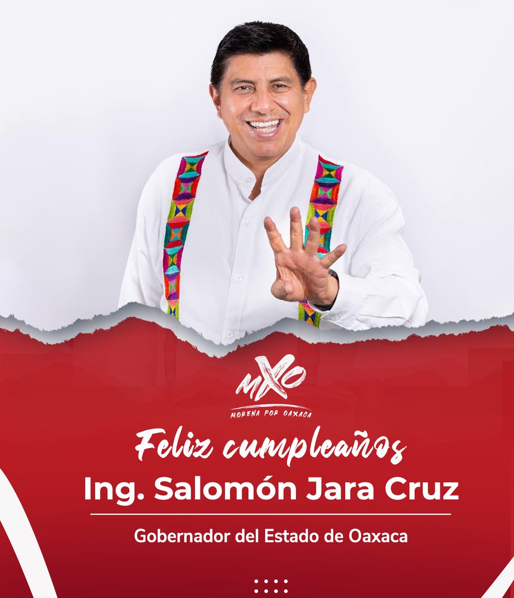 En este día enviamos nuestras felicitaciones al Gobernador de nuestro Estado, el Ing. <a href="/salomonj/">Salomón Jara Cruz</a> por motivo de su cumpleaños.🥳🎊

Gran amigo y  líder que trabaja para todo el pueblo oaxaqueño, deseamos que la pase excelente en compañía de su familia.🙌🏼

#MorenaPorOaxaca