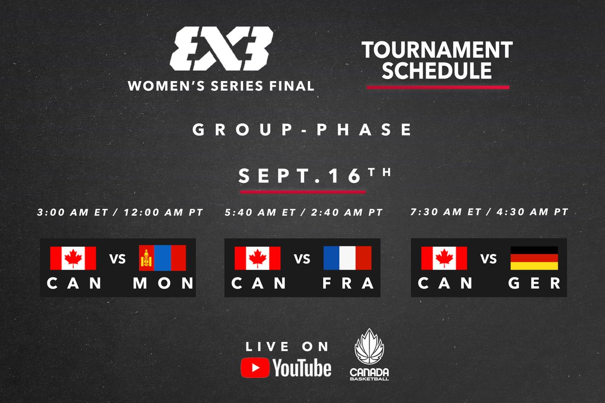 The FINAL of the @fiba3x3w women’s series kicks-off bright &amp; early as Canada looks to defend their title 

The action kicks off at 3am ET / 12am PT against the hosts Mongolia in Ulaanbaatar 

LIVE on YouTube: youtube.com/watch?v=at_40q…

#3x3WS | <a href="/FlairAirlines/">flair airlines</a>
