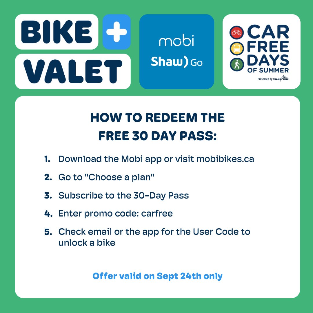 💚 Join us for September's final Car Free Day in the West End this Sunday. Our Bike Valet service can be found on Haro Street.

💫Take a free ride to the event thanks to <a href="/mobi_bikes/">Mobi by Rogers</a> who are offering Free 30 Day Passes in celebration of #carfreeyvr