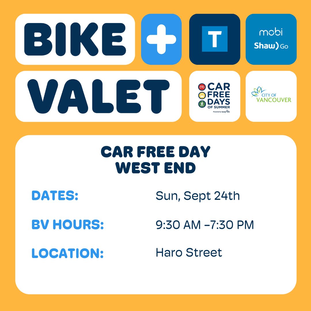 TheBicycleValet's tweet photo. 💚 Join us for September's final Car Free Day in the West End this Sunday. Our Bike Valet service can be found on Haro Street.

💫Take a free ride to the event thanks to @mobi_bikes who are offering Free 30 Day Passes in celebration of #carfreeyvr https://t.co/X22A8aabxN
