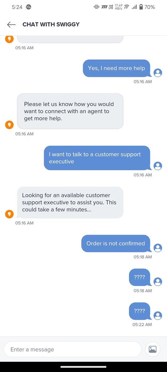 sumitkateria's tweet photo. @SwiggyCares where is your customer chat support team?? I have been trying to connect them for 20 mins and they're unavailable. My order is not confirmed yet. Both ss attached. https://t.co/EkDgJ9eDRz