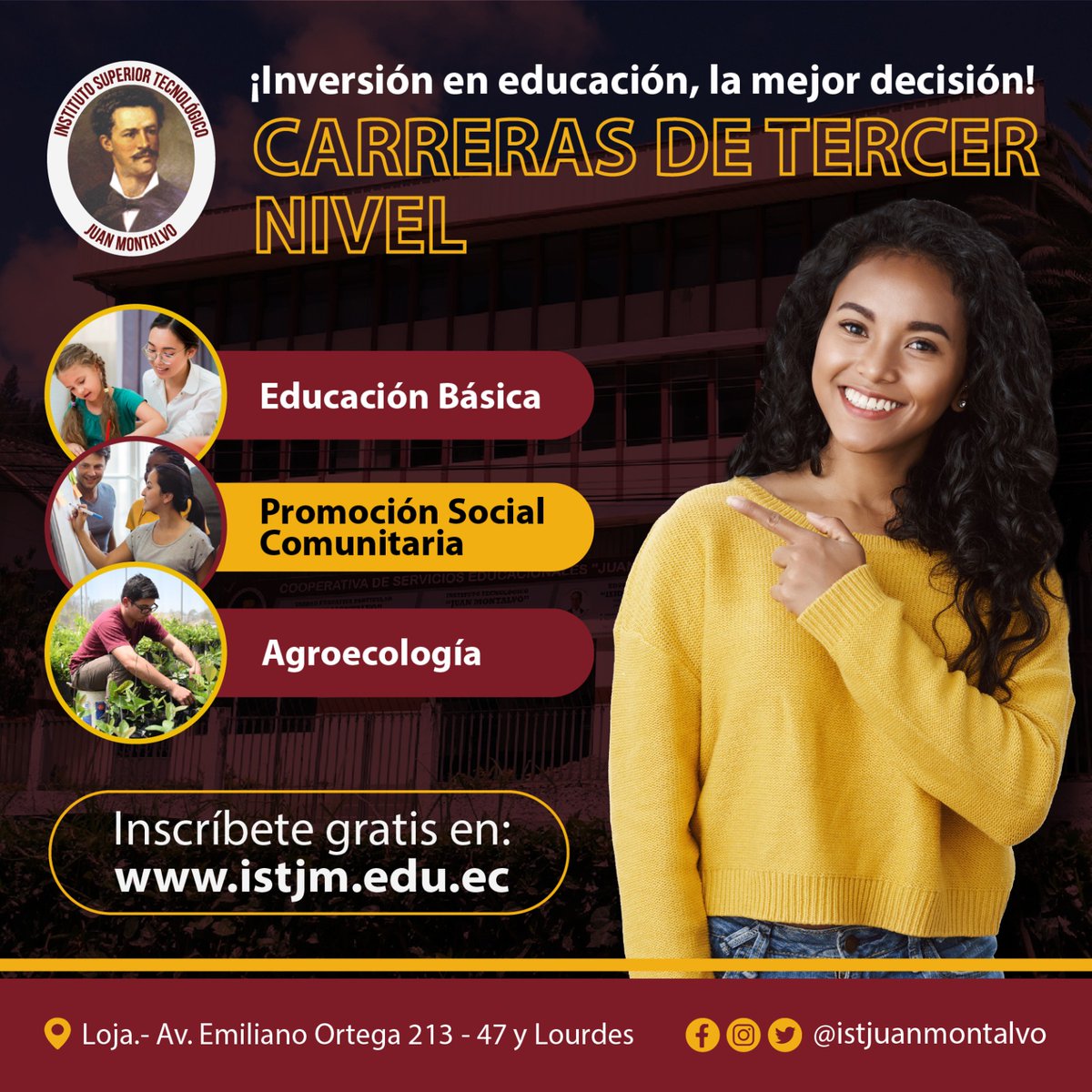 ¡#EsAhora! Hoy ni los costos, ni el tiempo no son un límite para estudiar tu carrera de tercer nivel.
Ofertamos las tecnologías en:
✅Agroecología
✅Educación Básica 
✅Promoción Social Comunitaria
✍️Inscríbete ahora en nuestra web sin examen de admisión e inicia de inmediato.