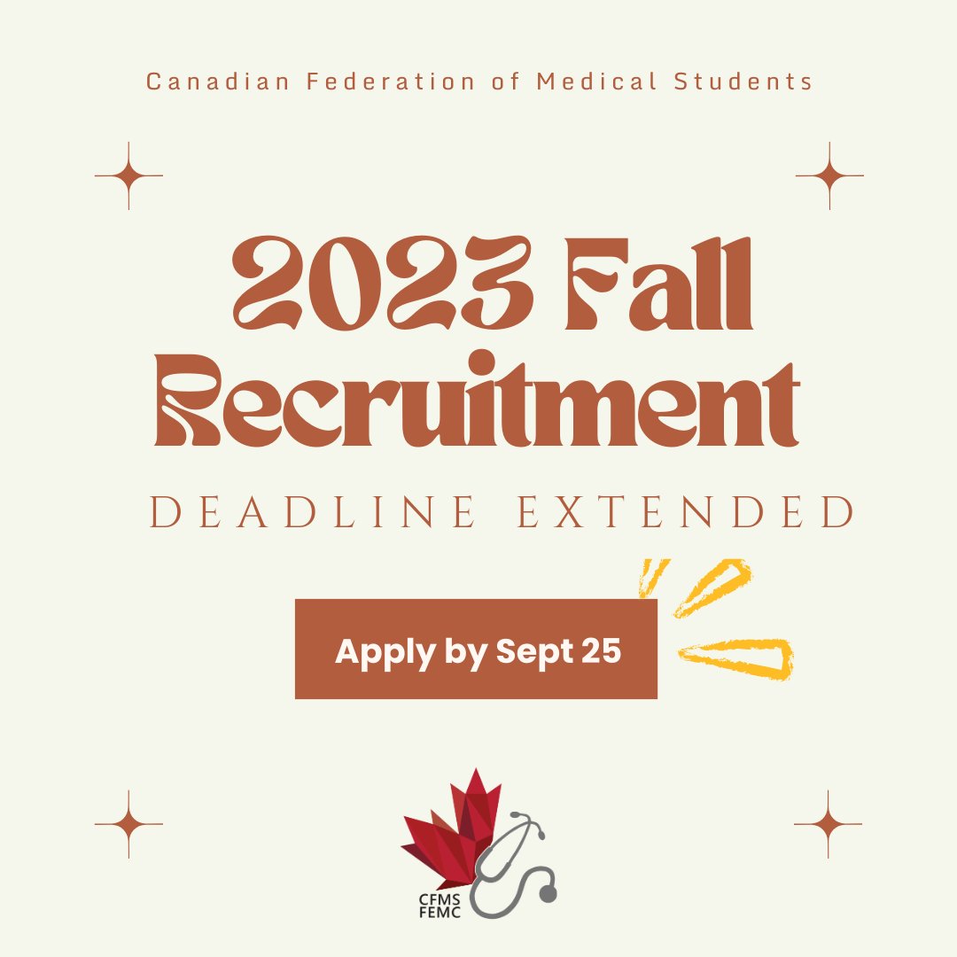 CFMSFEMC's tweet photo. Need more time to complete your application? Don't worry, we've got great news! CFMS Fall Recruitment is now open until Sept 25 at 11:59 pm PTD. There are new positions added in the Communications and Global Health portfolios! Make sure to check them out: https://t.co/JFTbgwEzhL https://t.co/OQ6VcVCCqm