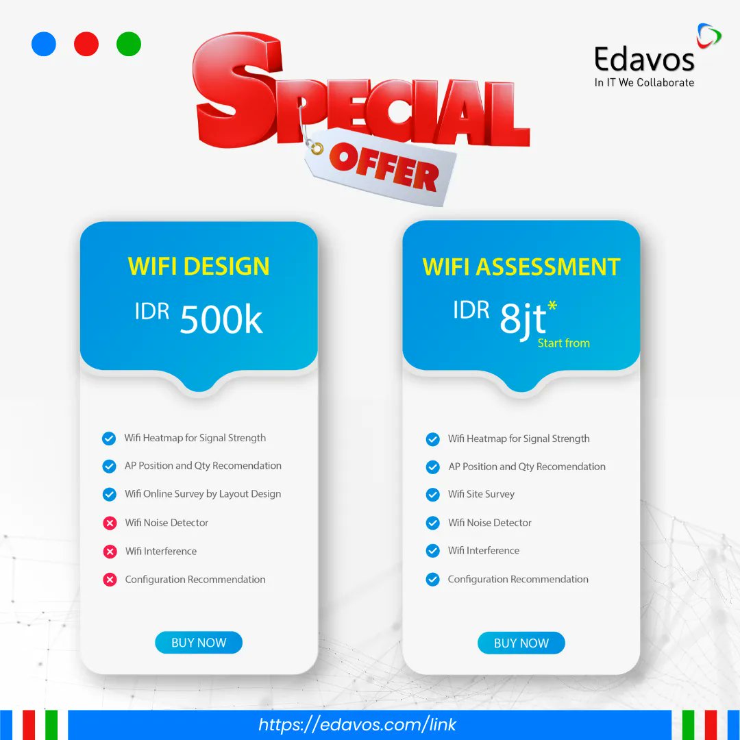 Get a #free #online consultation on Wi-Fi design with the #Edavos team. Contact us today to schedule your WiFi assessment and take the first step towards an #optimized and #secure network. edavos.com/wifi-assessmen… #SolusiWiFi #SolusiIT #Ekahau #ITNetwork #WiFiDesign #WiFiHeatMap