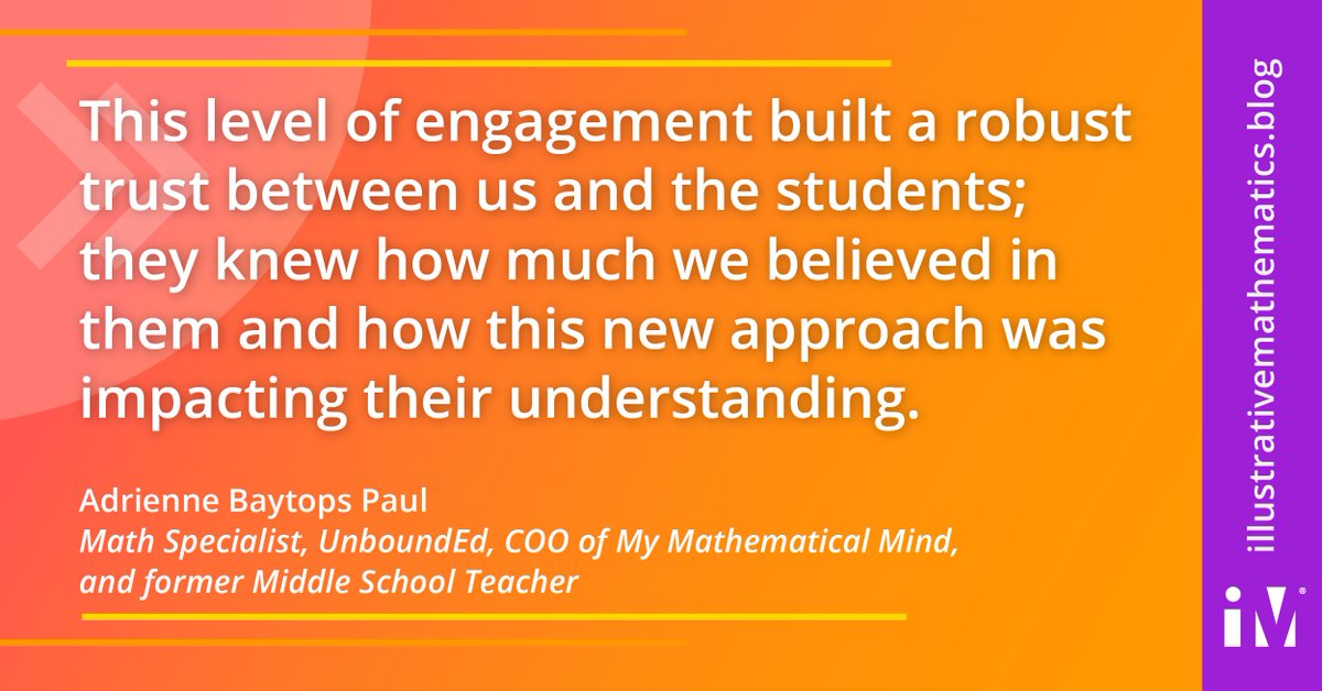 In our blog post, Building Thinking Classrooms with the IM Curriculum, Adrienne Baytops-Paul explains how having access to everyone’s responses on the vertical non-permanent surfaces helped us use evidence of student learning. 
Read now: illustrativemathematics.blog/2023/09/01/bui… 
#IMxBlog
